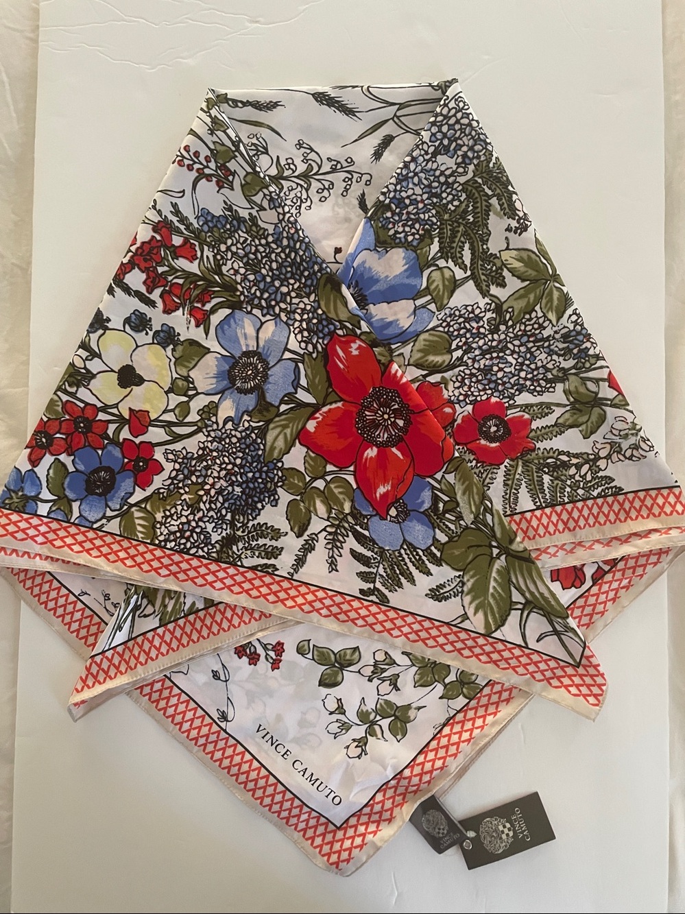 36” Vince Camuto Satin Scarf Square Floral Red/Blue/Green White Background